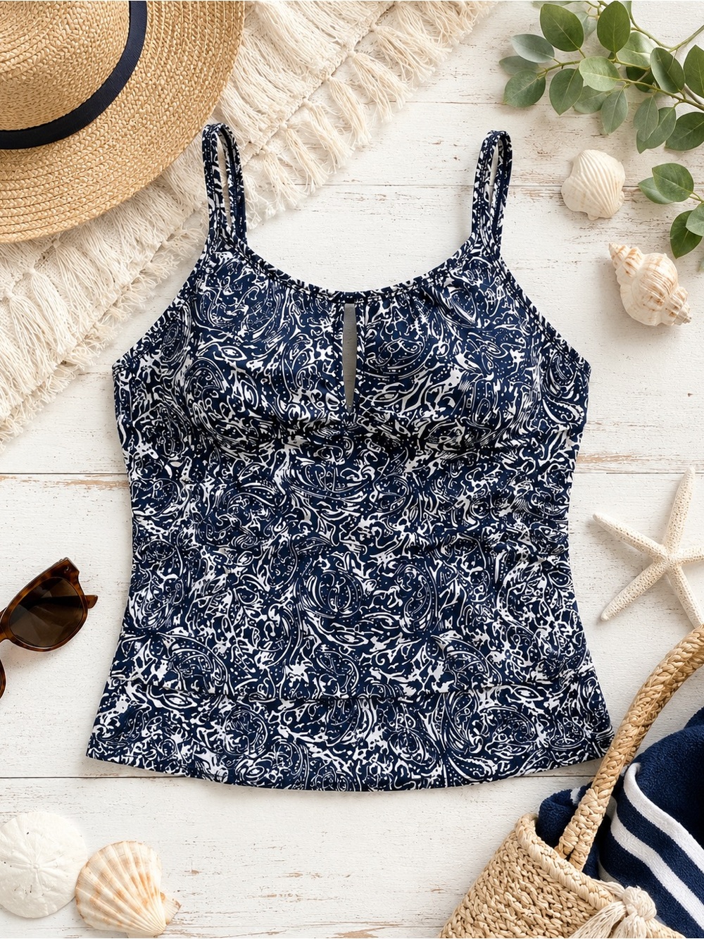Ellen Tracy Tankini Top 10 Navy White Paisley Keyhole Swimwear Beach Resort Wear
